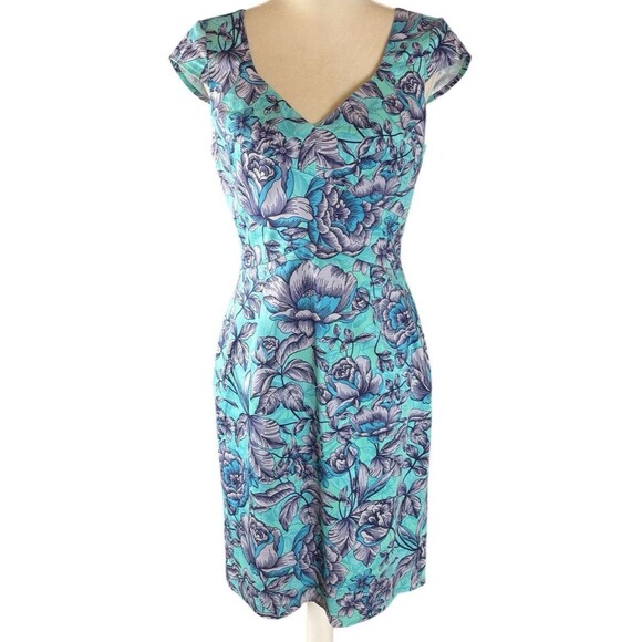 Adrianna Papell Cap Sleeve Floral Sheath Dress Size 6 Blue Floral Easter Spring - Picture 1 of 13